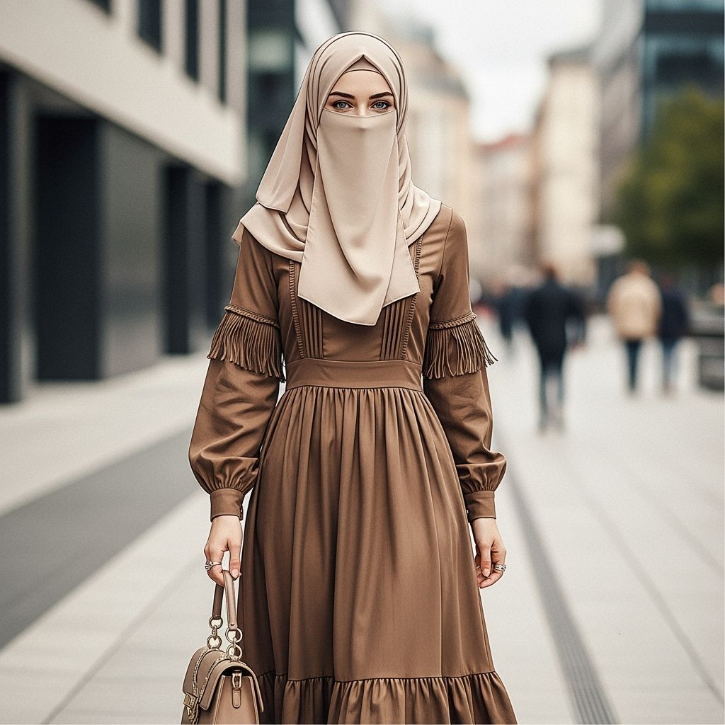Woman in Niqab Walking in City, Boho Chic Style