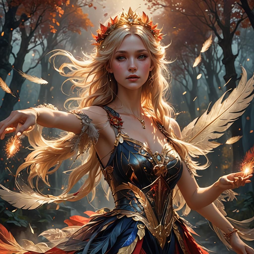 Fairy in Feather Dress, Art Nouveau Style