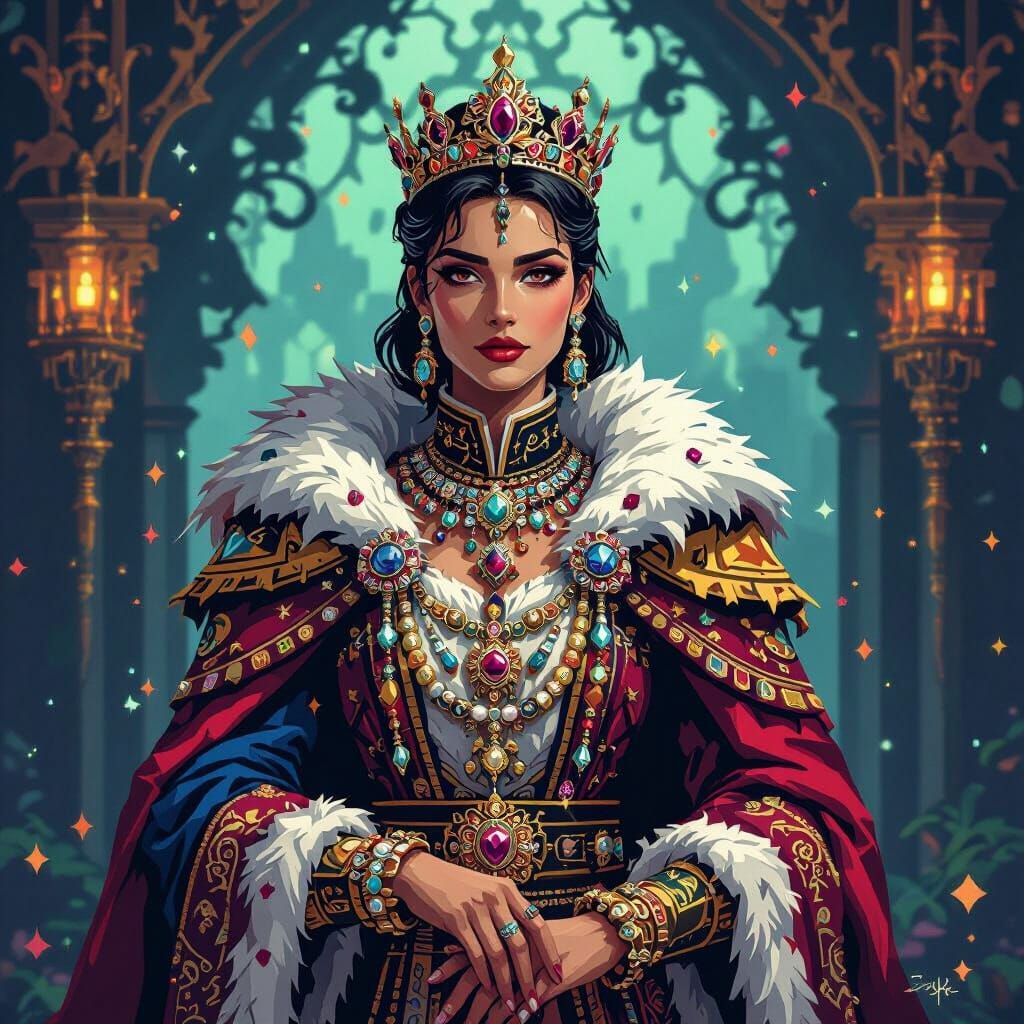 Regal Figure in Ornate Attire with Vibrant Colors