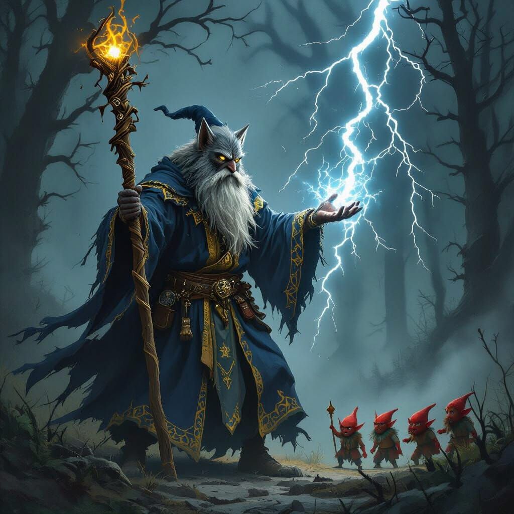 Werewolf Wizard Summons Lightning Storm in Misty Forest