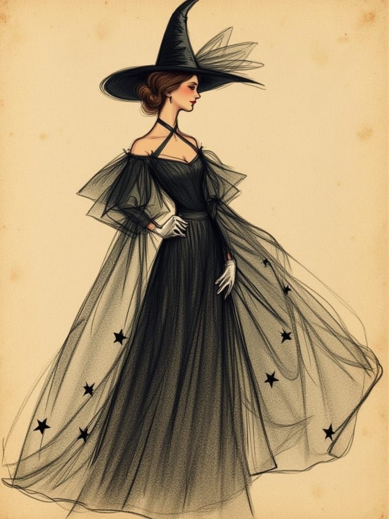 Elegant Witch Fashion Illustration in Art Nouveau Style