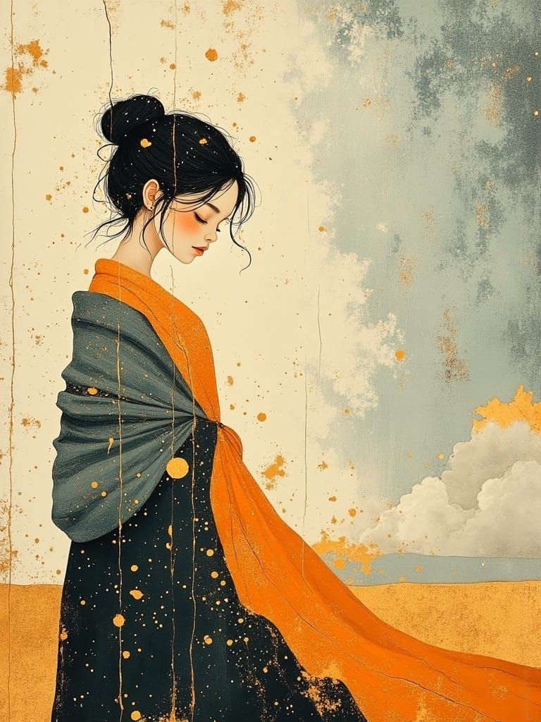 Young Korean Woman Stands on Airstrip at Dusk in Vibrant, Et...