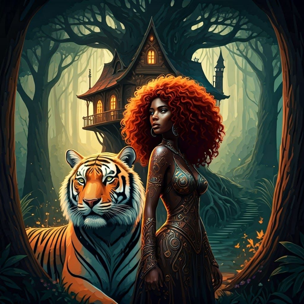 Beautiful black woman fractal. With a  magic  tiger. Red hai...