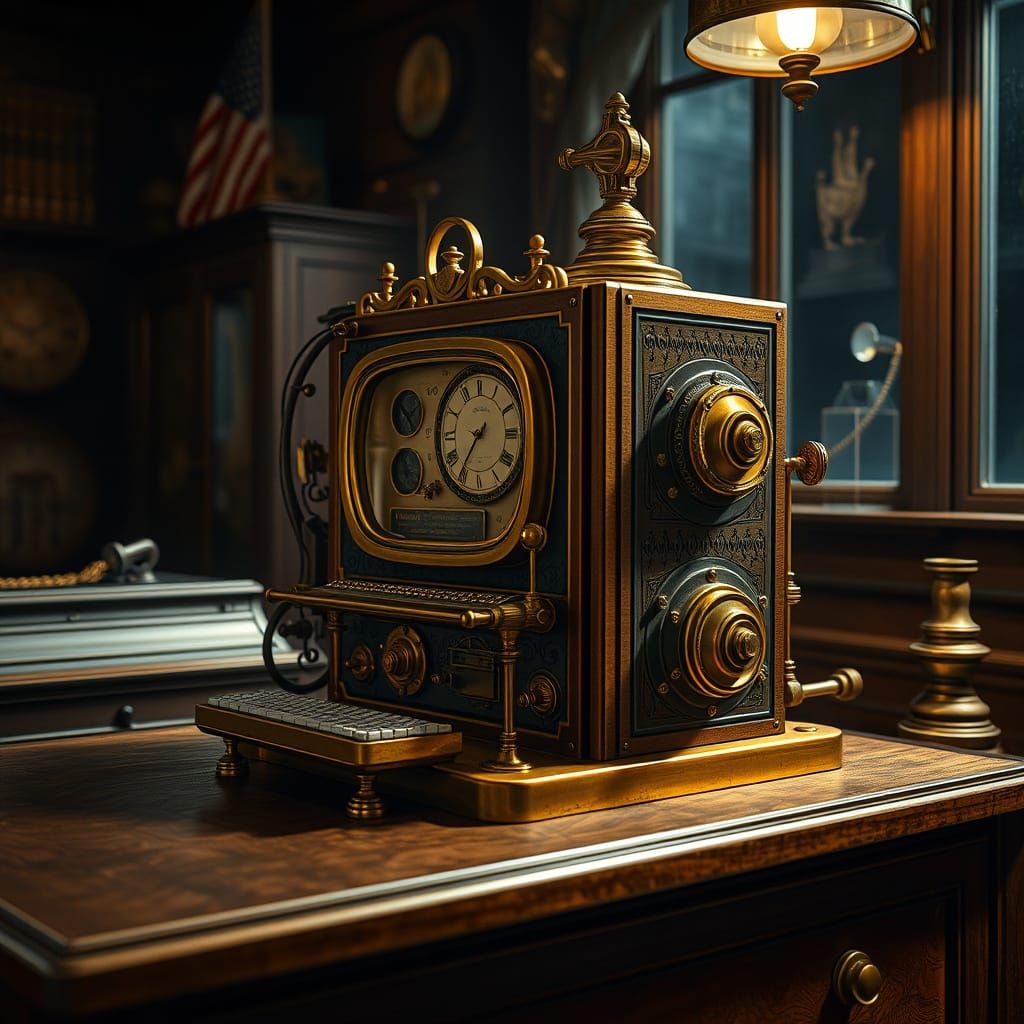 Victorian Era Computer with Brass and Wood Details