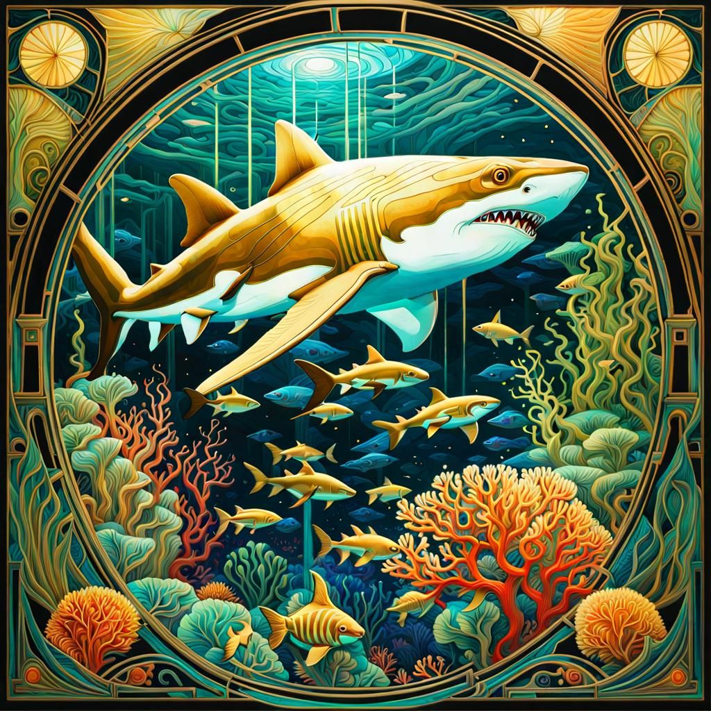 Art Nouveau Shark in Underwater Greenhouse