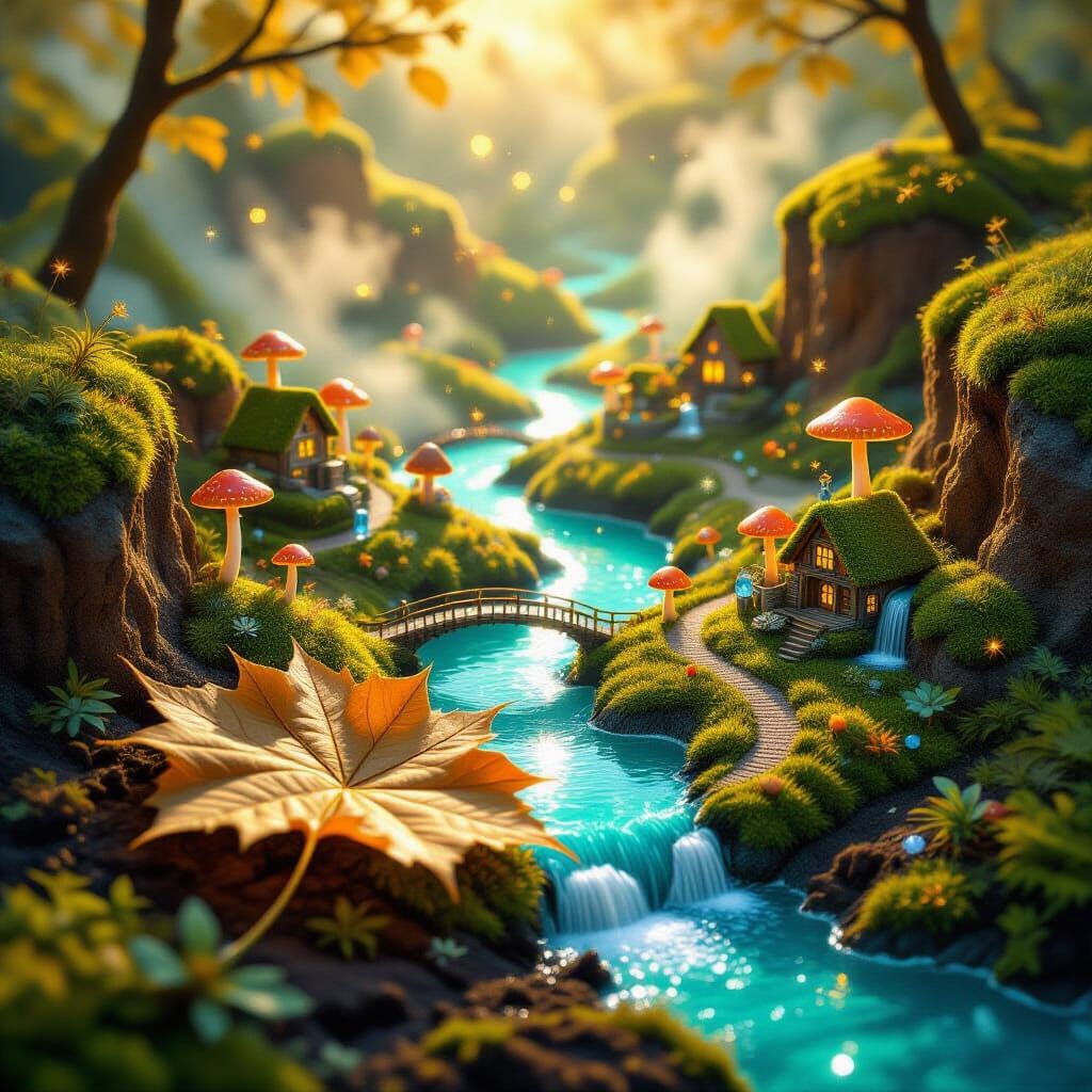 Surreal Miniature World on Fall Leaf