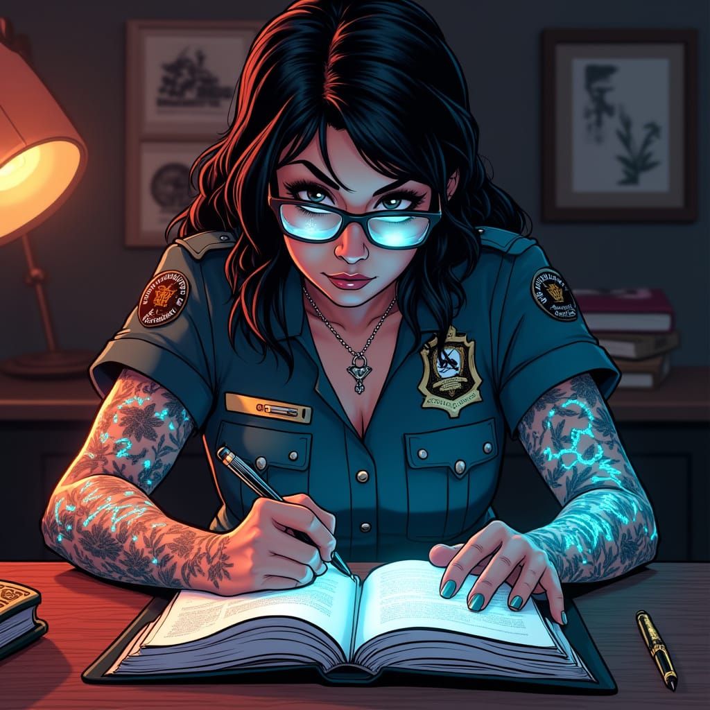 Magical Forensics Officer Writing a Book, Illustrated Style