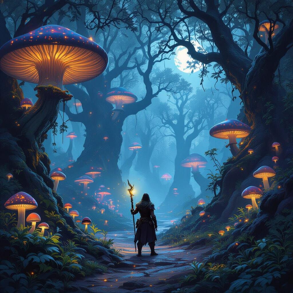 Mystical Twilight Forest with Adventurer in Dark Fantasy Sty...