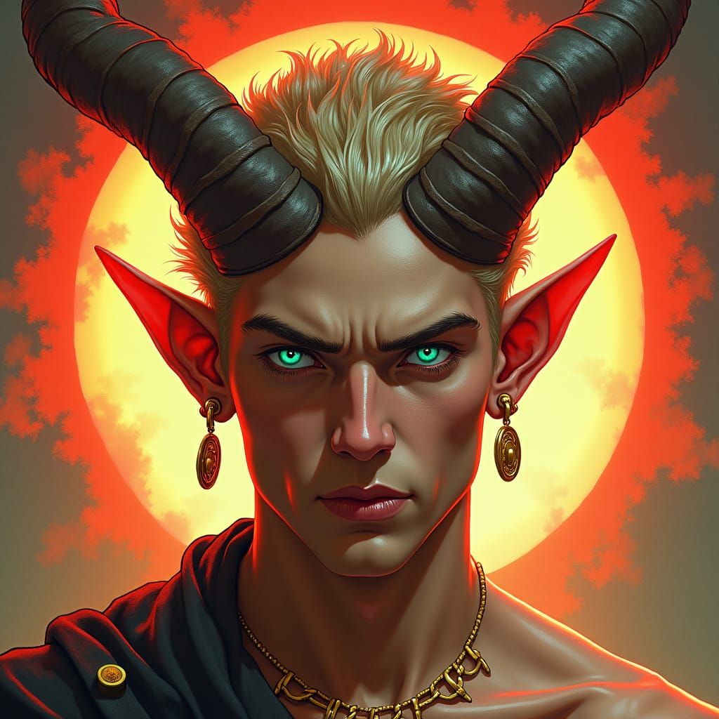 Regal Horned Figure with Red Halo in Detailed Style