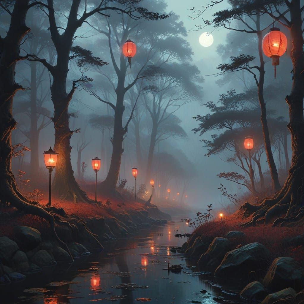 Mystical Japanese Landscape with Dark, Twisted Demons