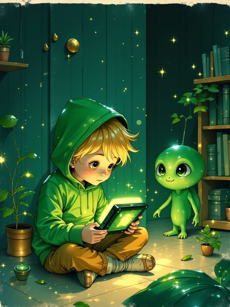 Boy with Glowing Game Console and Alien in Green Light