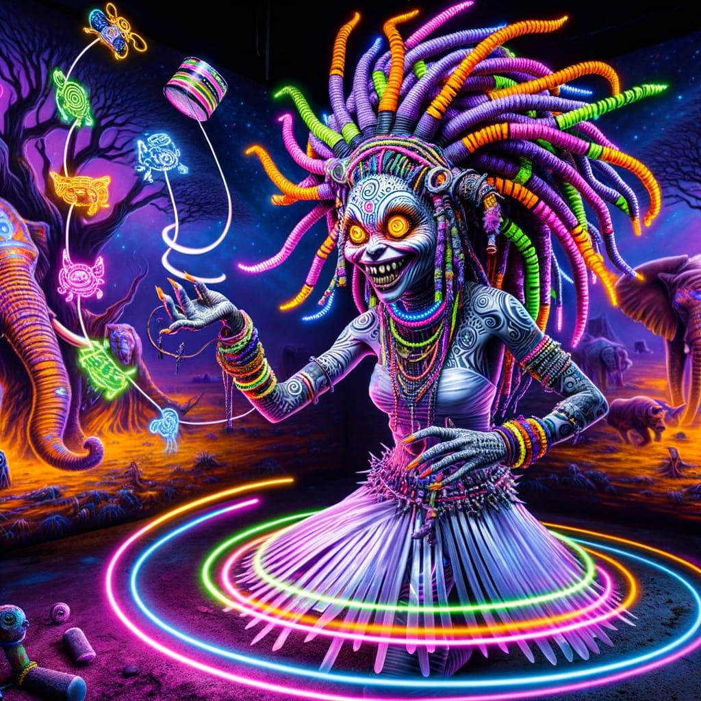 Neon Tribal Woman Spinning Lights in Graffiti Landscape
