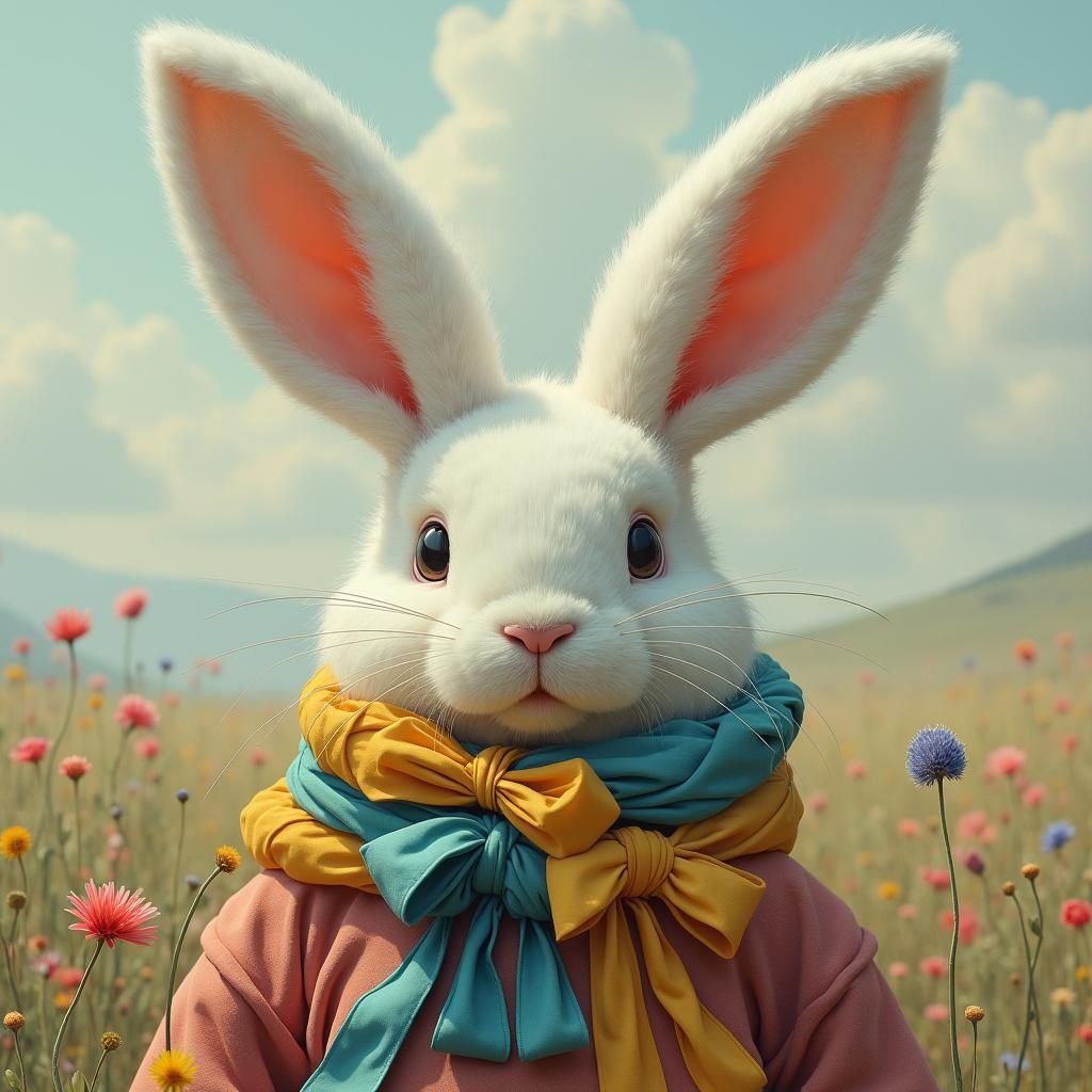 Bunny with Silk Ribbons in Fantasy Landscape