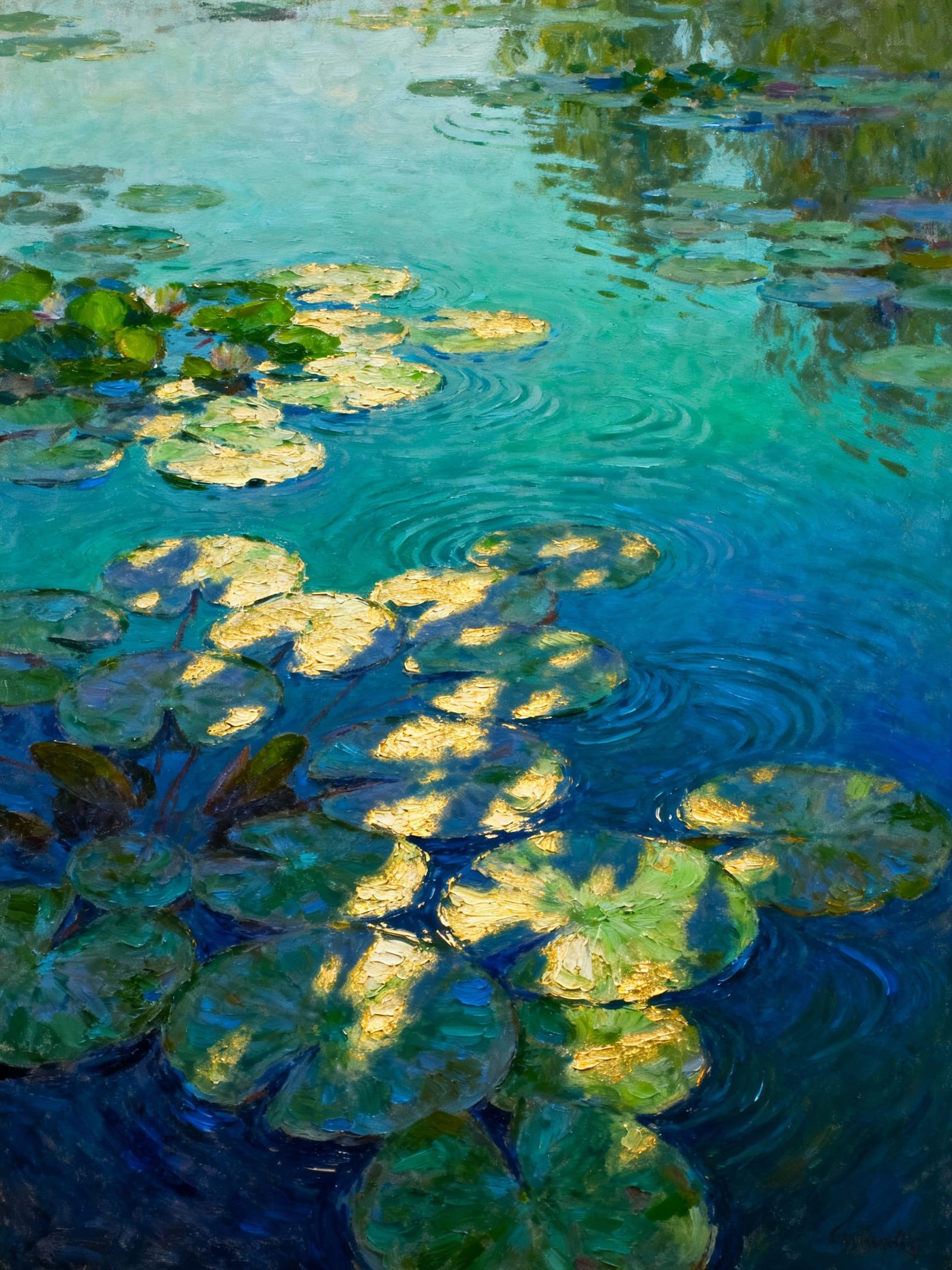 Monet-Style Water Lilies in Shadow: Impressionistic Pond Sce...