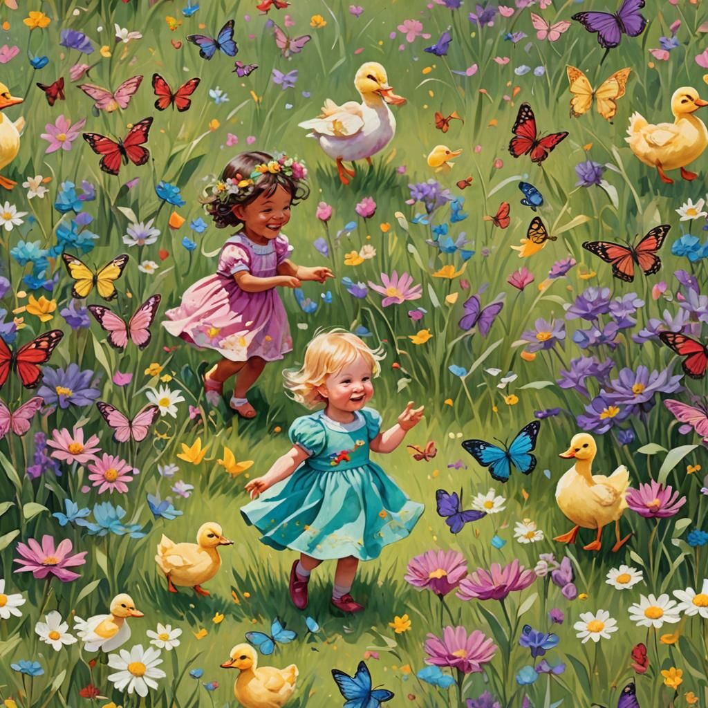 Toddler and Fairy Play with Ducklings in Wildflowers
