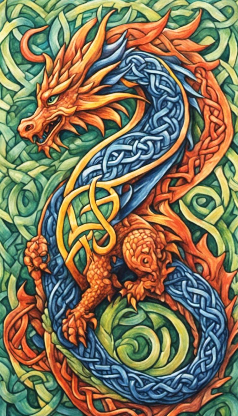 Celtic Knotwork Dragon in Gouache Style