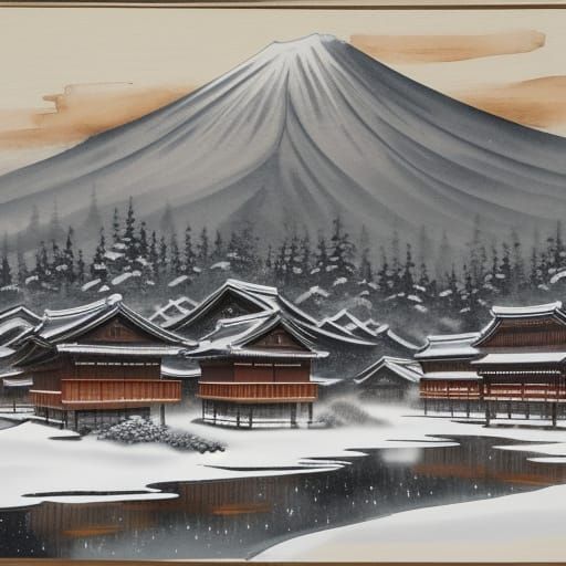 Ancient Japanese Village in Sumi-e Style