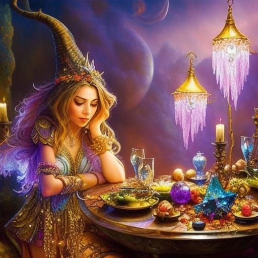 Fantasy Witch Selling Magical Crystals: Photorealistic Art