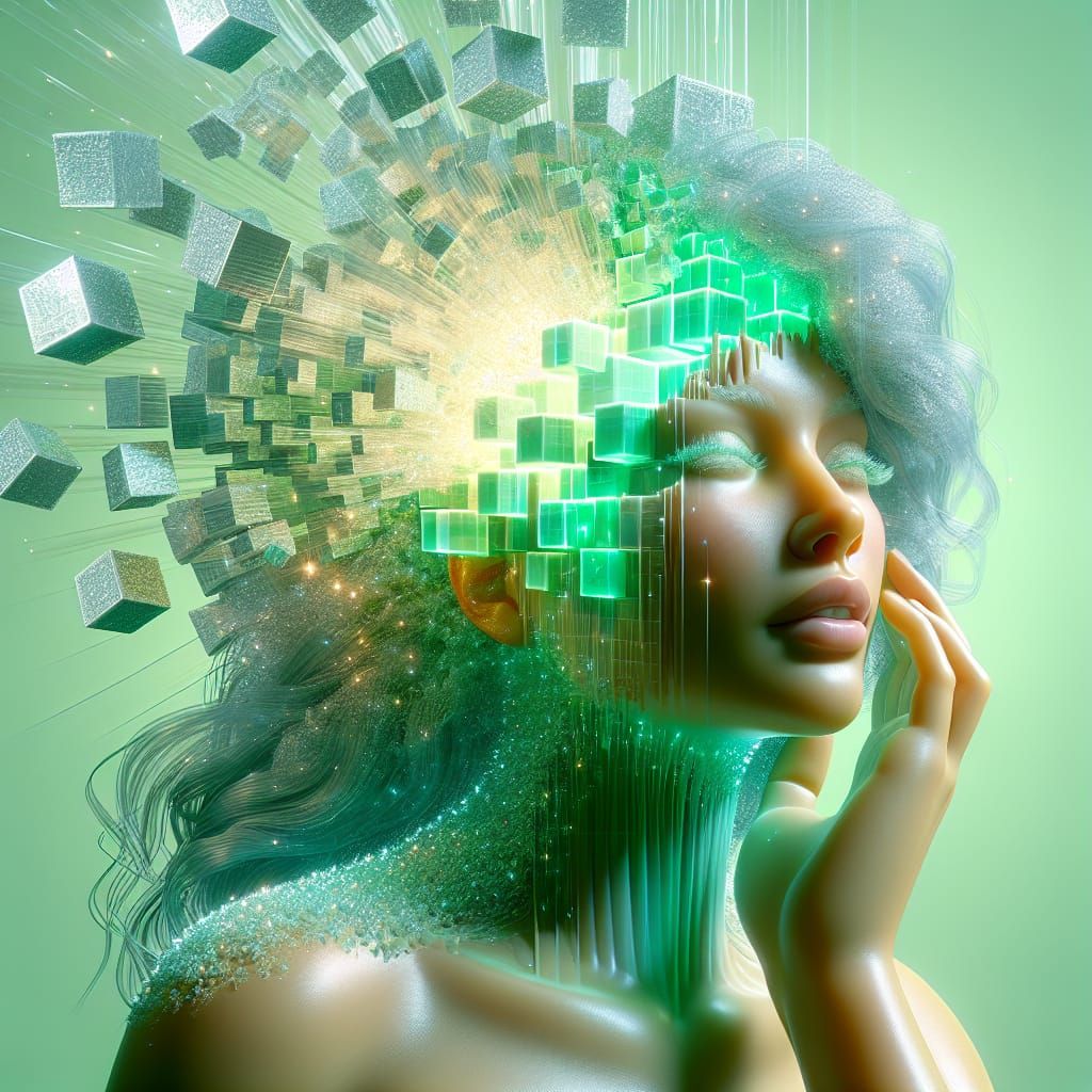 Surreal Light Green Portrait with Bursting Cubes