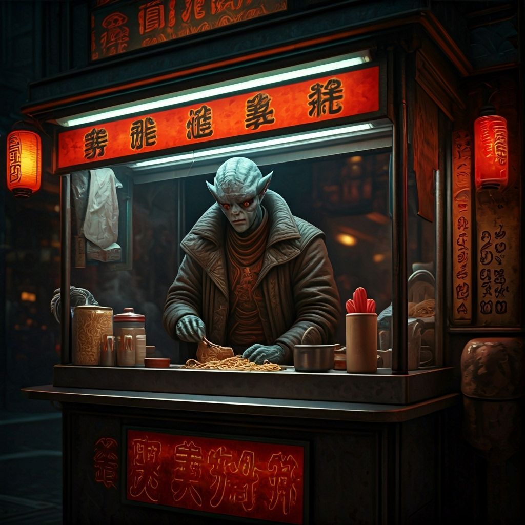 Alien Noodle Stall from Bladerunner: Photorealistic