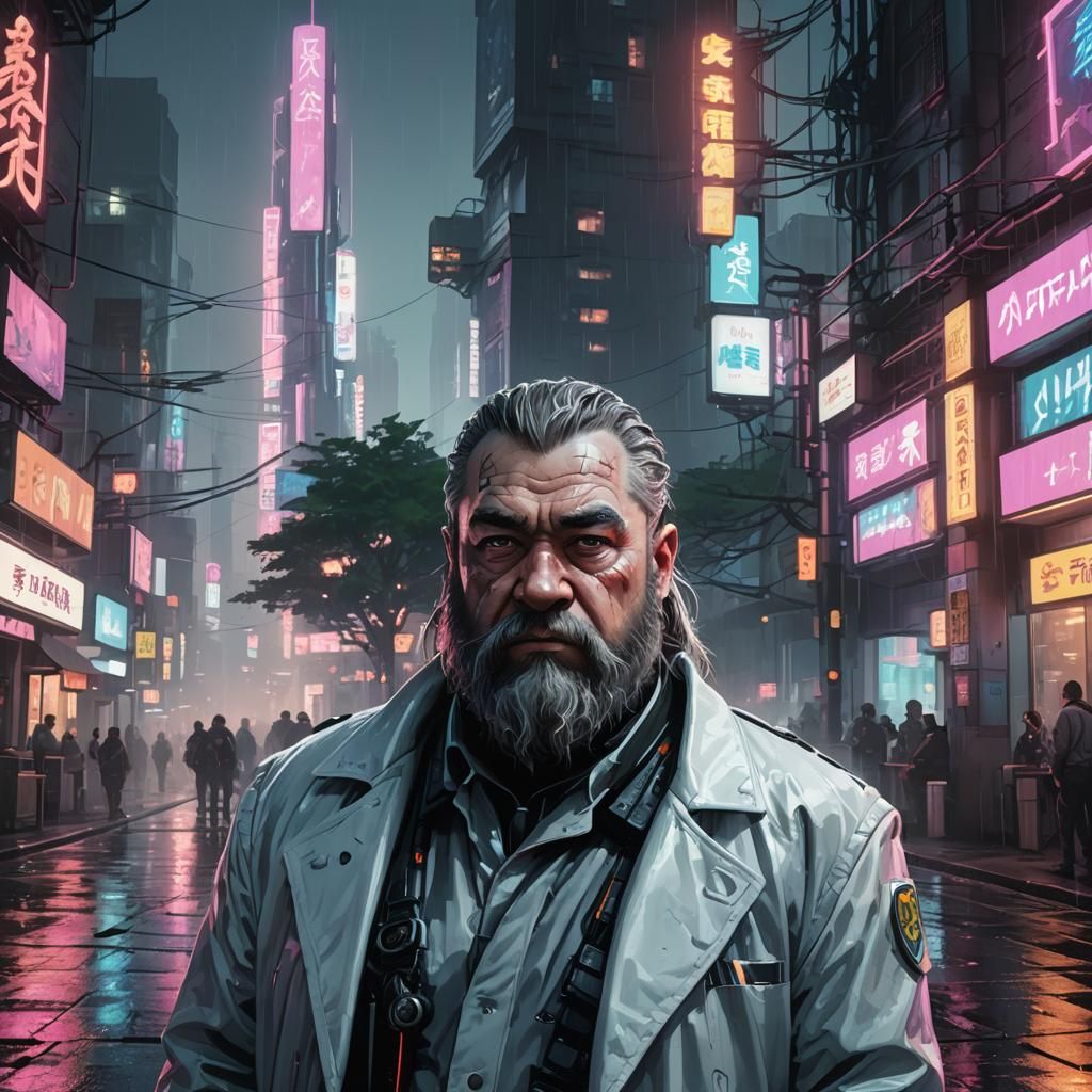 Cyberpunk Dwarf in Noir Cityscape Concept Art