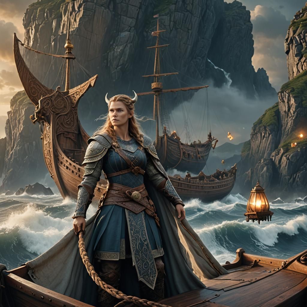 Viking Beauty on Ship Amidst Stormy Seas