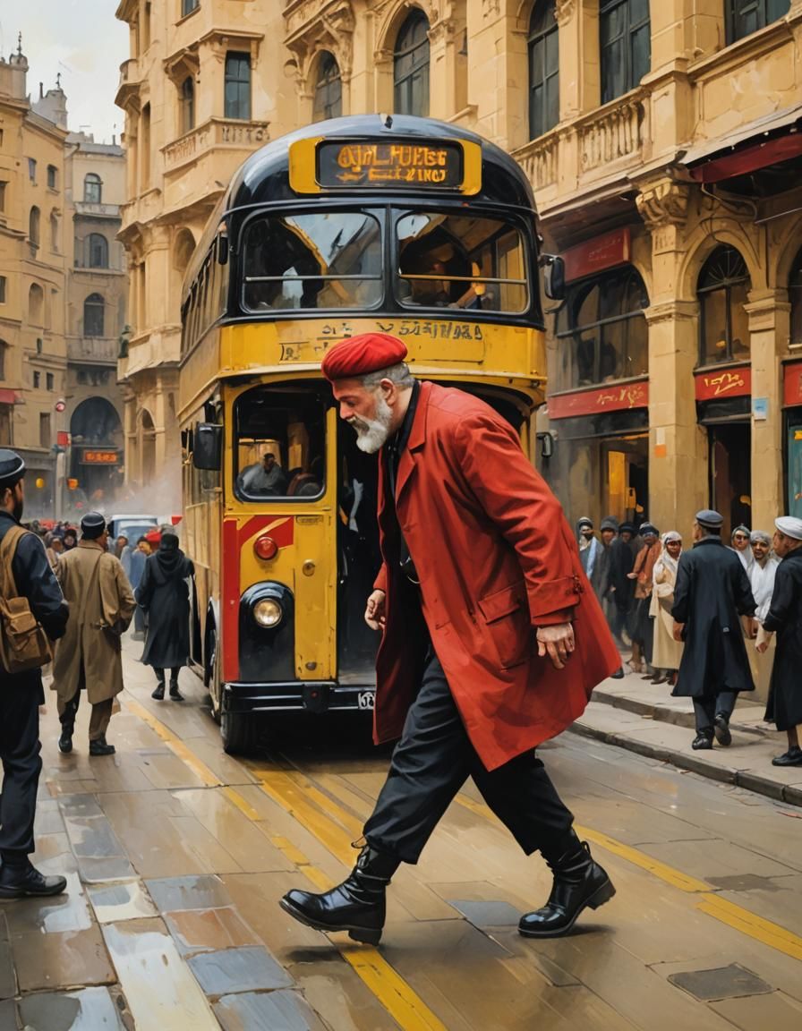 Merchant Scrambling for Bus: Impressionist Painting