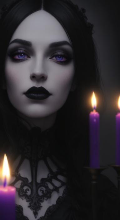 Beautiful gothic witch with black hair and purple eyes with ...