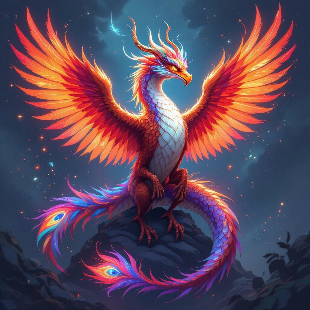 Majestic Phoenix-Dragon Hybrid in Vibrant Fantasy Art