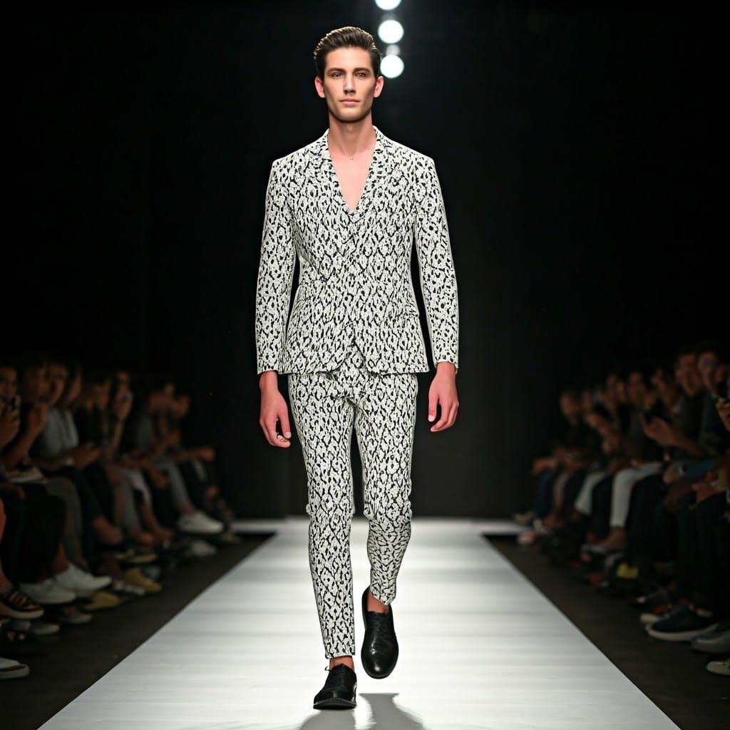 Glamorous Male Model Struts Down Fashion Catwalk in Style