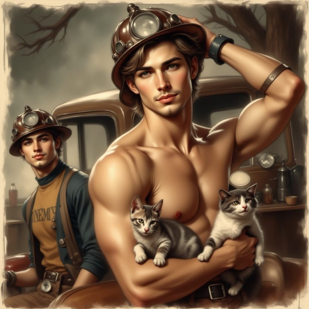 Dreamy Fireman Rescues Kitten: Classic Pin-Up