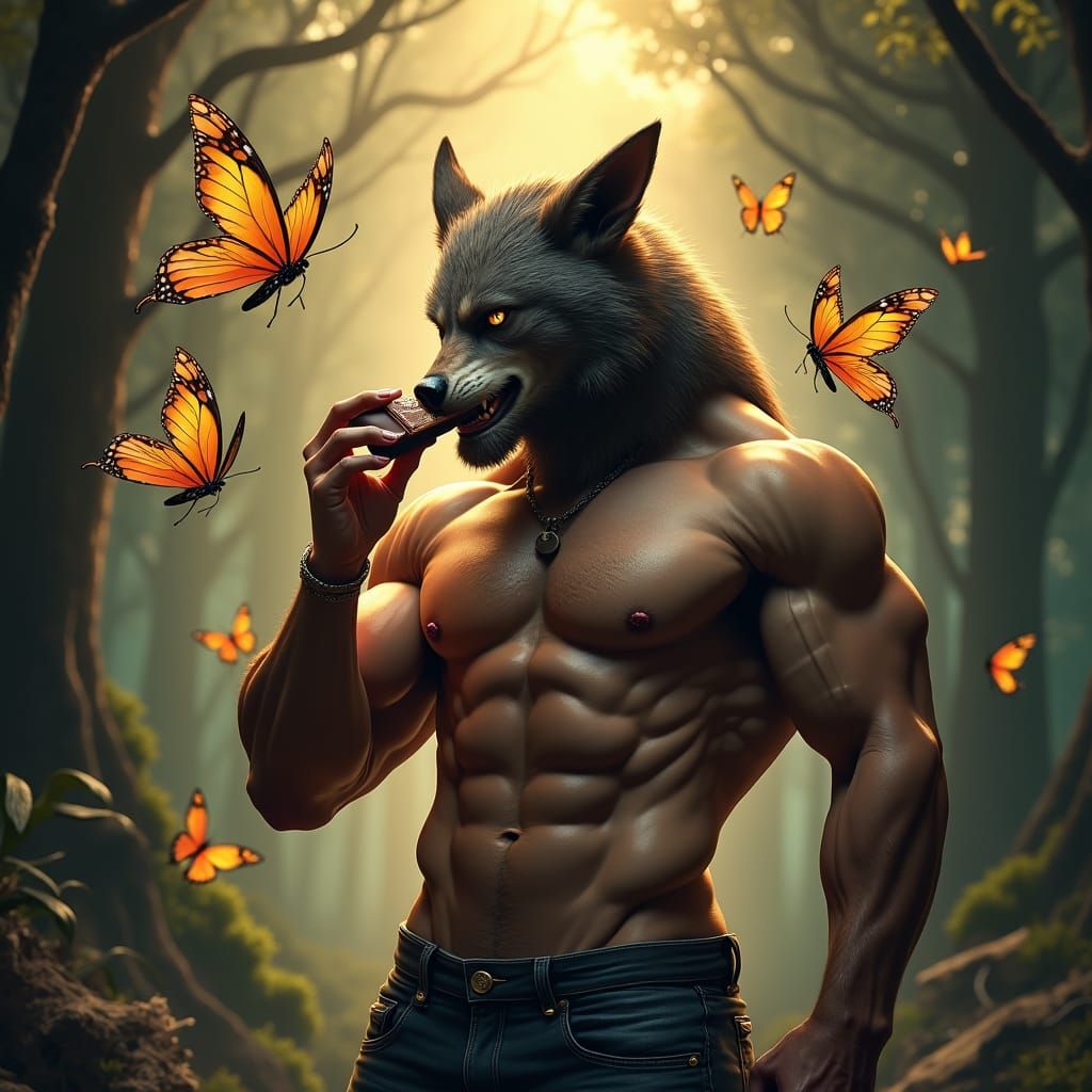 Werewolf Bodybuilder with Chocolate and Golden Butterflies