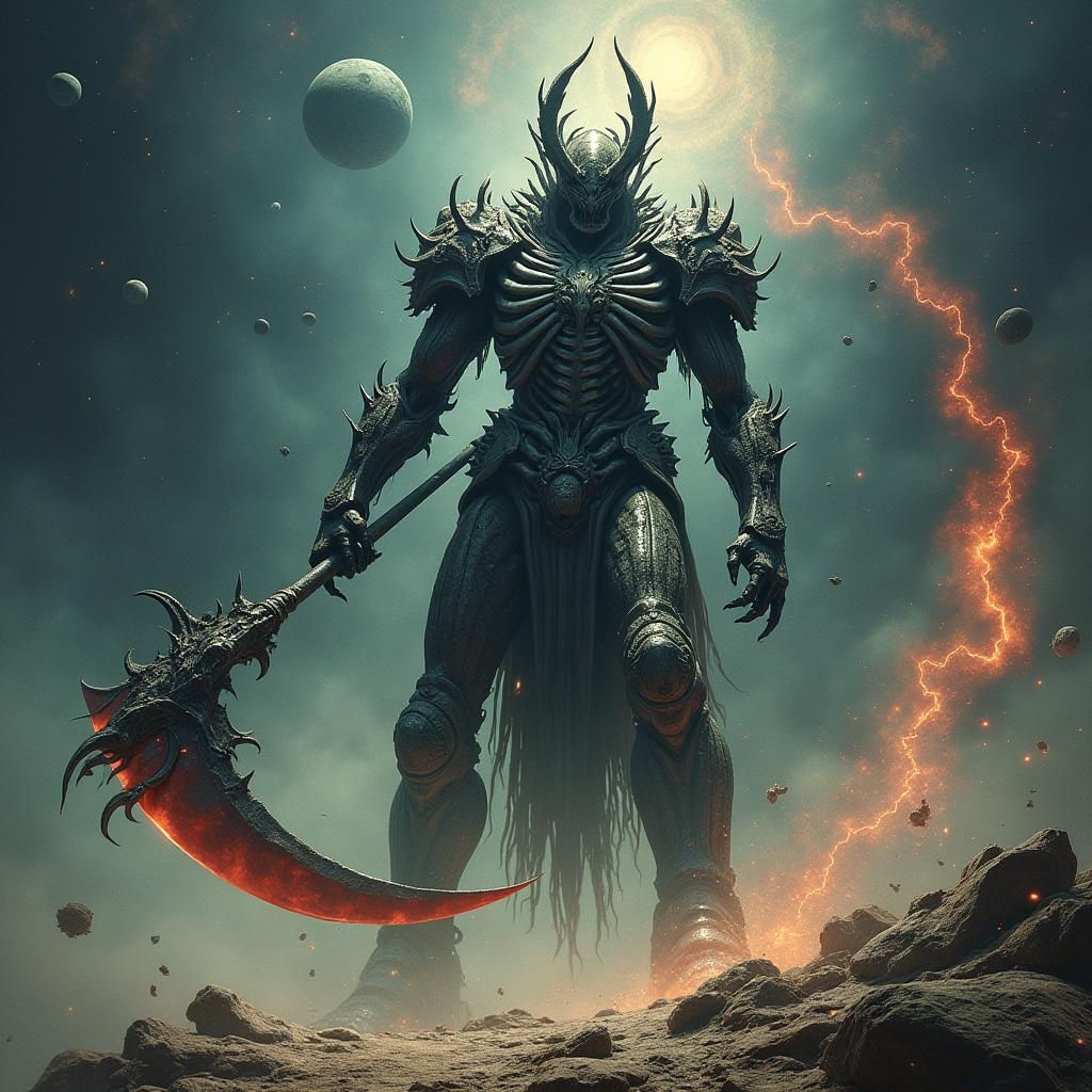 A planet sized warrior in bone armour with a demon afterimag...