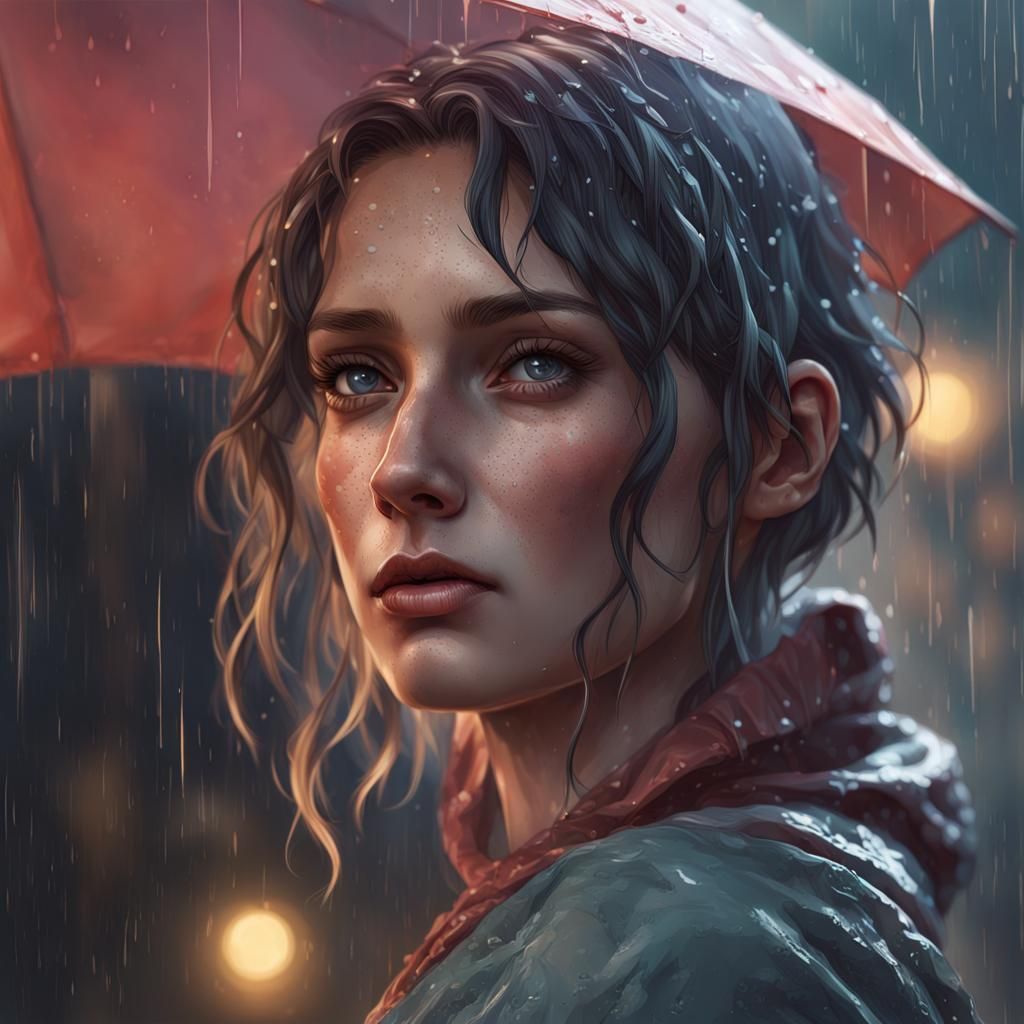 Detailed Portrait in Rain, Hyperrealistic Lighting