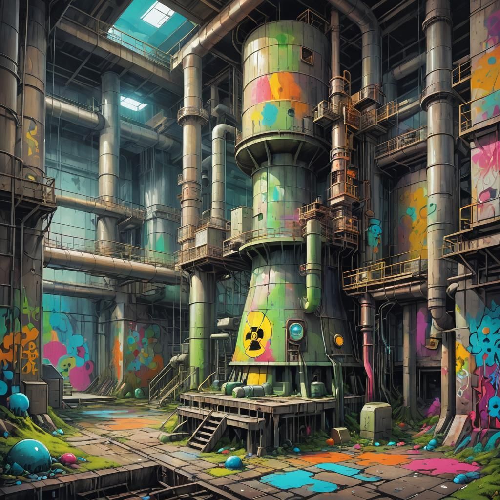 Fantasy Abandoned Nuclear Plant in Technicolor Graffiti Styl...
