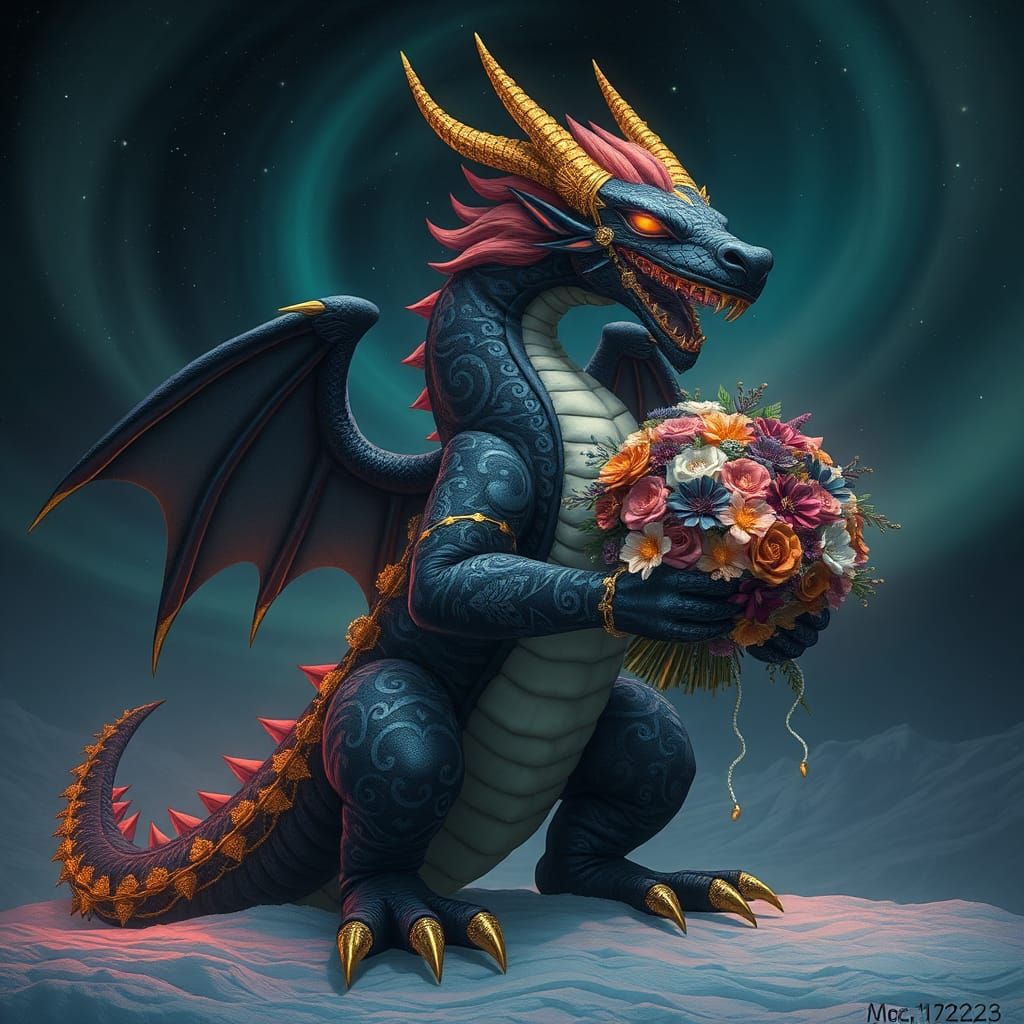 A muscular fiery dragon of the frozen north made of dark fab...