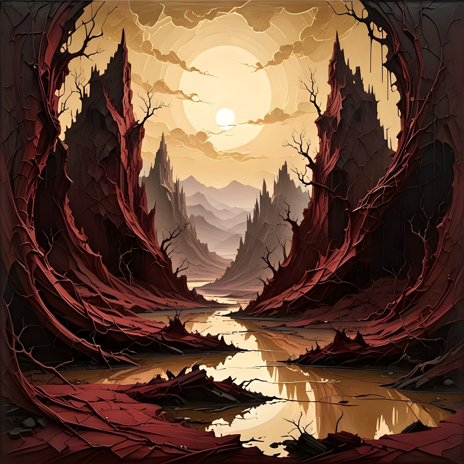 A surreal artwork in a deep, burgundy crimson and pale, antique gold