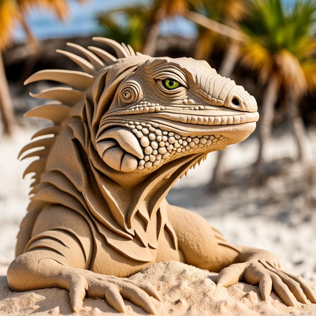 Iguana Sand Sculpture on a Beach