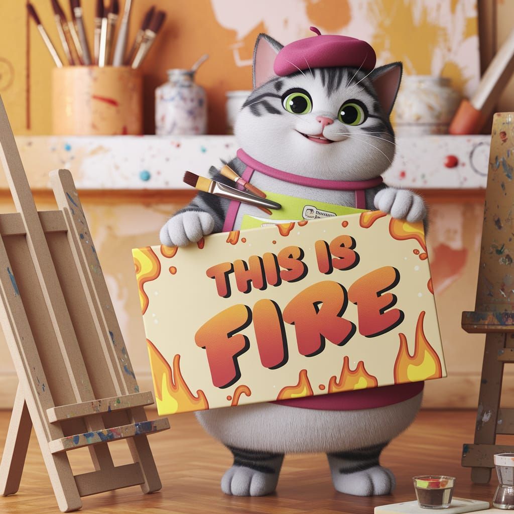 A chubby, smiling cartoon Russian Gray cat with bright green...