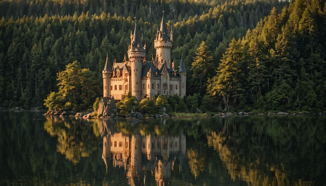 Fairytale Elven Castle on Island at Golden Hour
