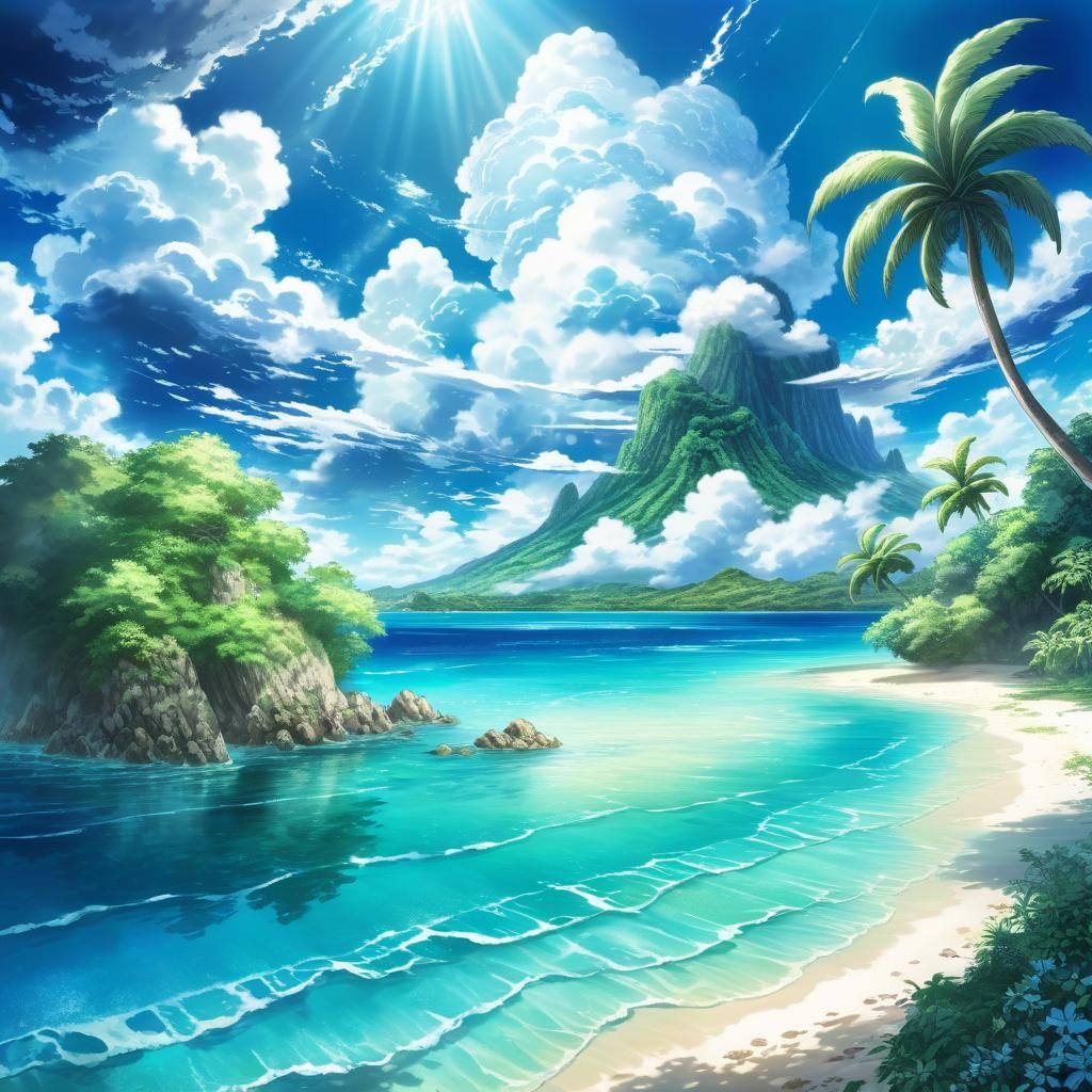 Tropical Paradise Landscape in Anime Art Style