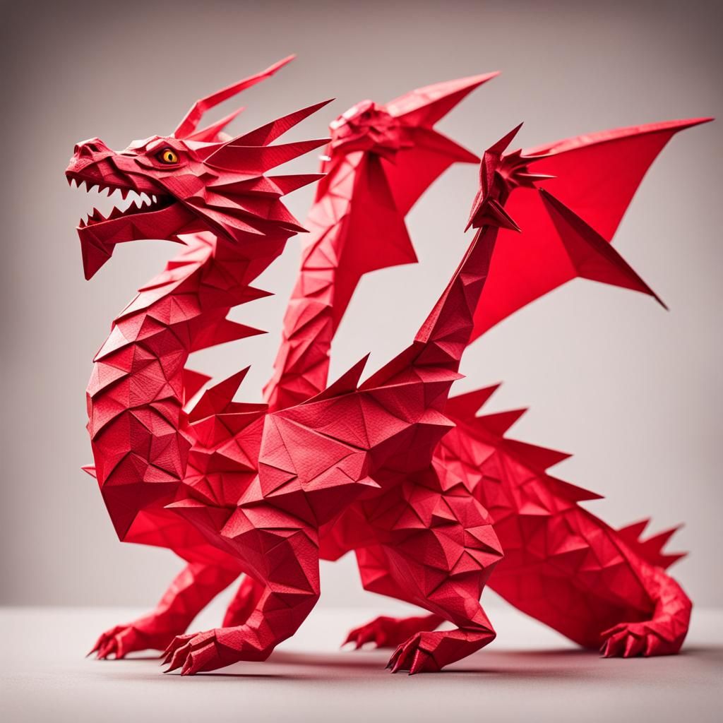 Vibrant Red Papier-Mache Origami Dragon