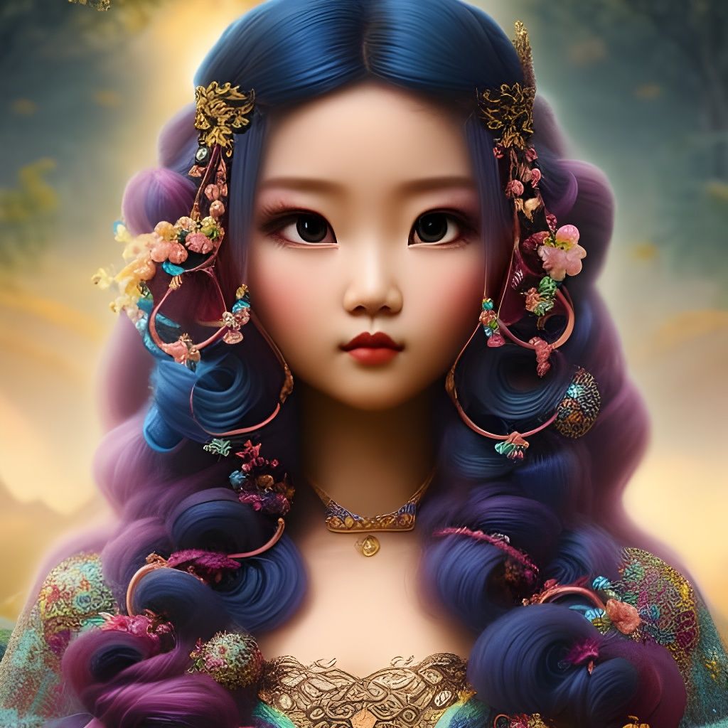 Elegant Hmong Girl with Blue Hair in Art Nouveau Style