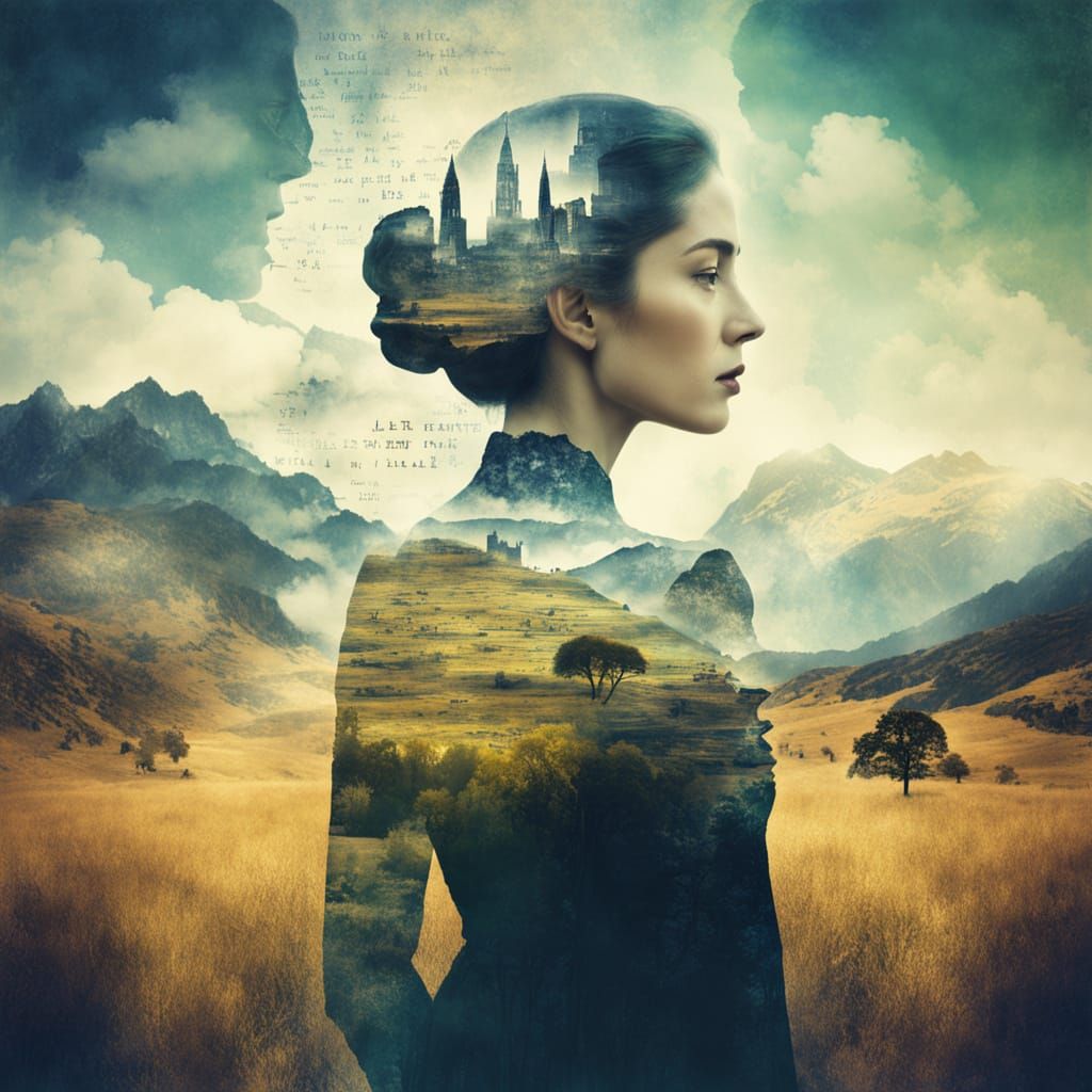Double exposure Cinematic  Portrait Woman and a landscape, Vintage, word art, azurit, Ingrid Baars, Teresita Fernandez, ...