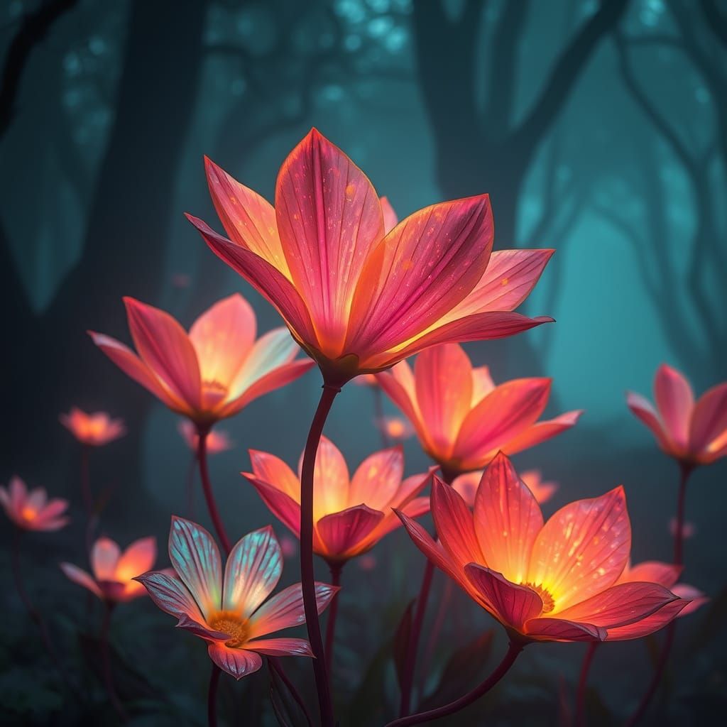Iridescent Flowers in Misty Forest: Digital Art