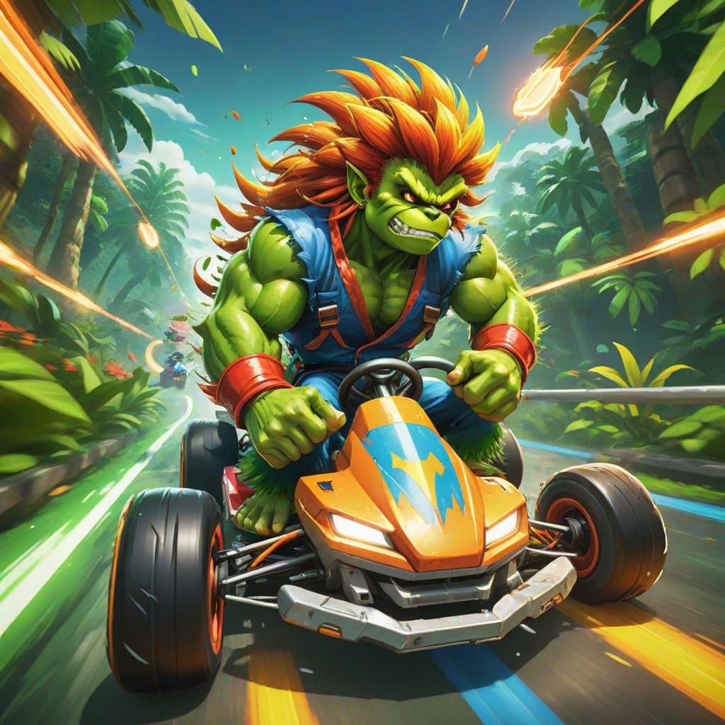 Blanka Racing a Kart in Vibrant Jungle Track Splash Art