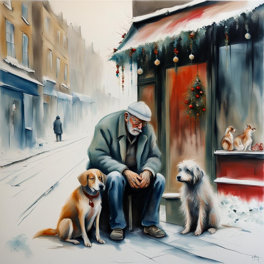 Beggar and Dog by Christmas Shop in Abstract Style