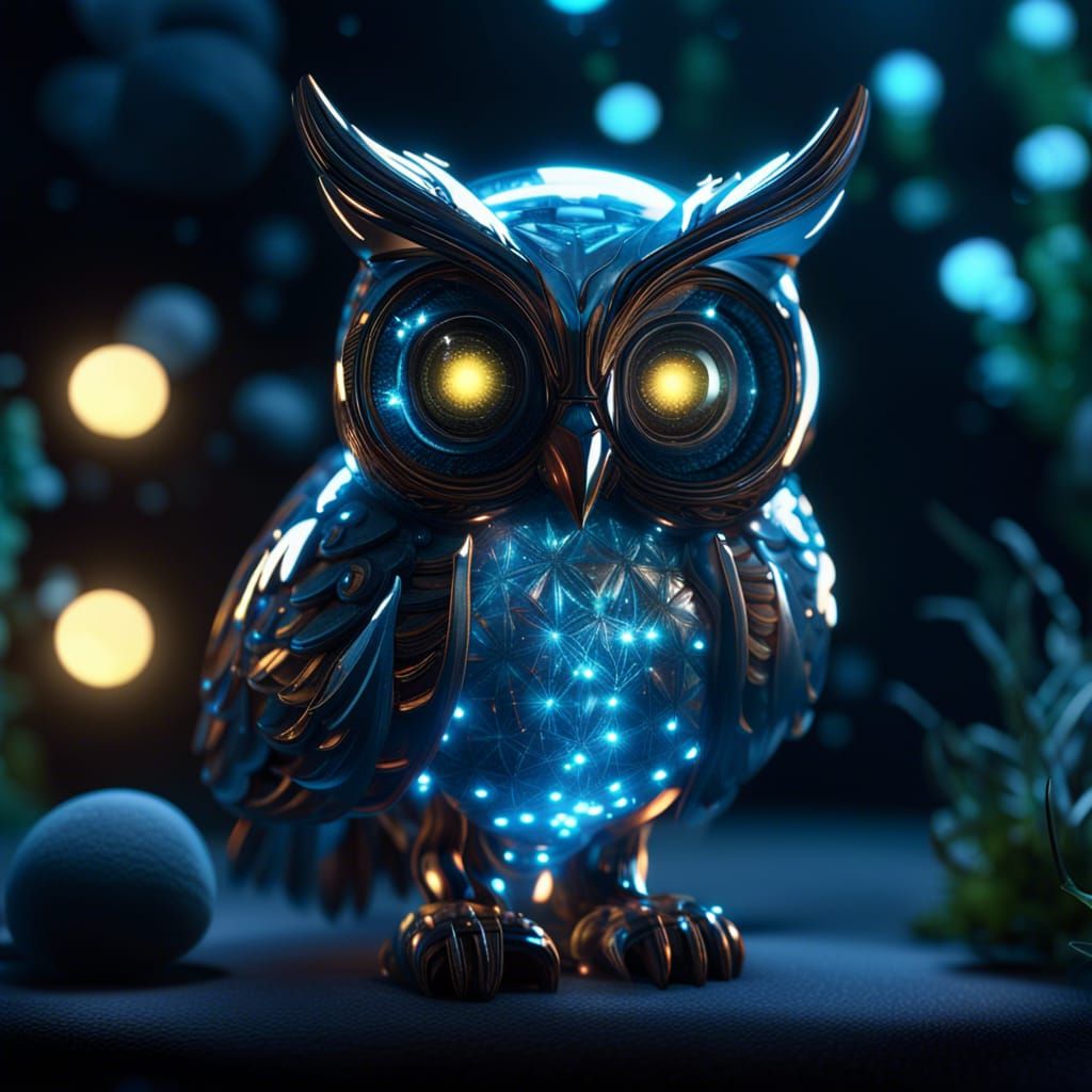 Bioluminescent Glass Owl in Psychedelic 3D Rendering