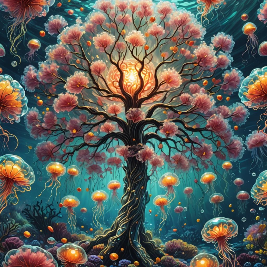 Glowing Glass Cherry Tree Underwater, Digital Art