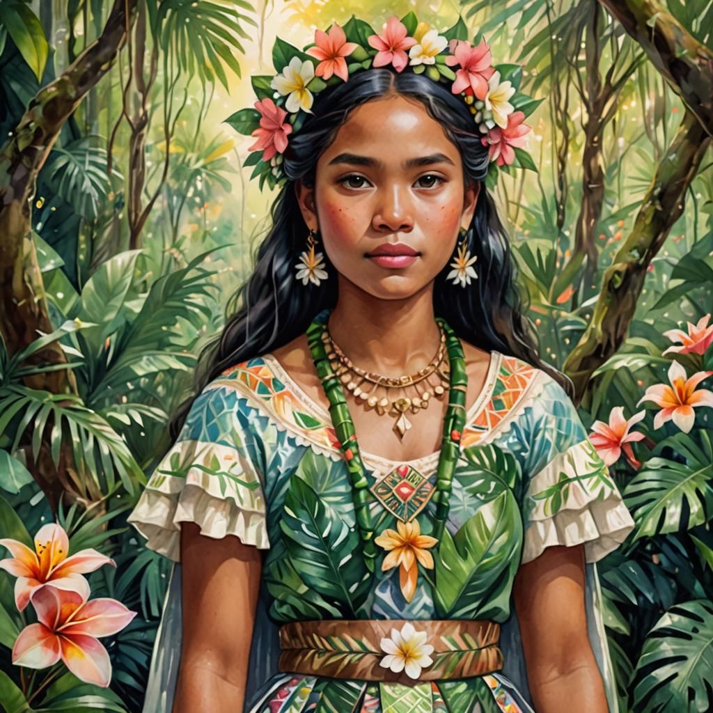 Tonga Princess in Tropical Paradise with Delicate Watercolor...